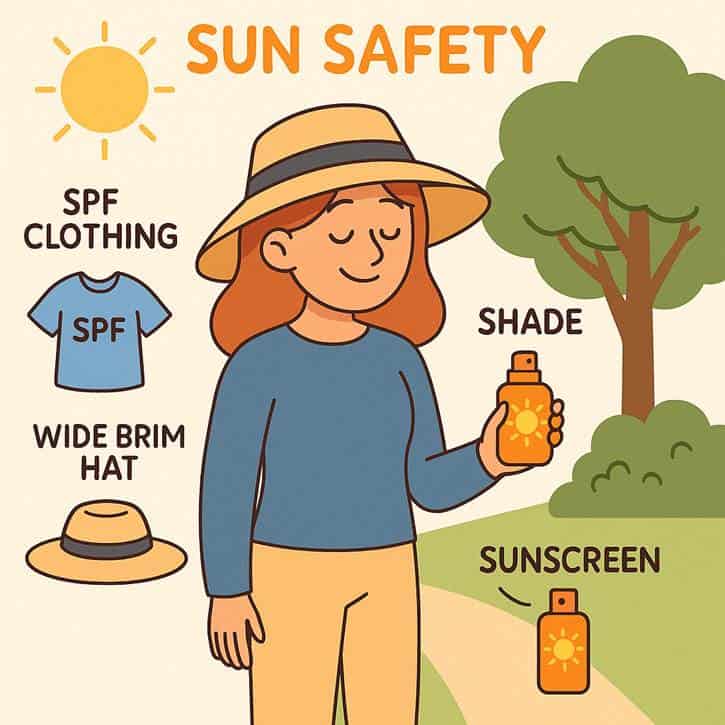 Sun Safety - SPF Clothing, Shade, Wide Brim Hat, Sunscreen