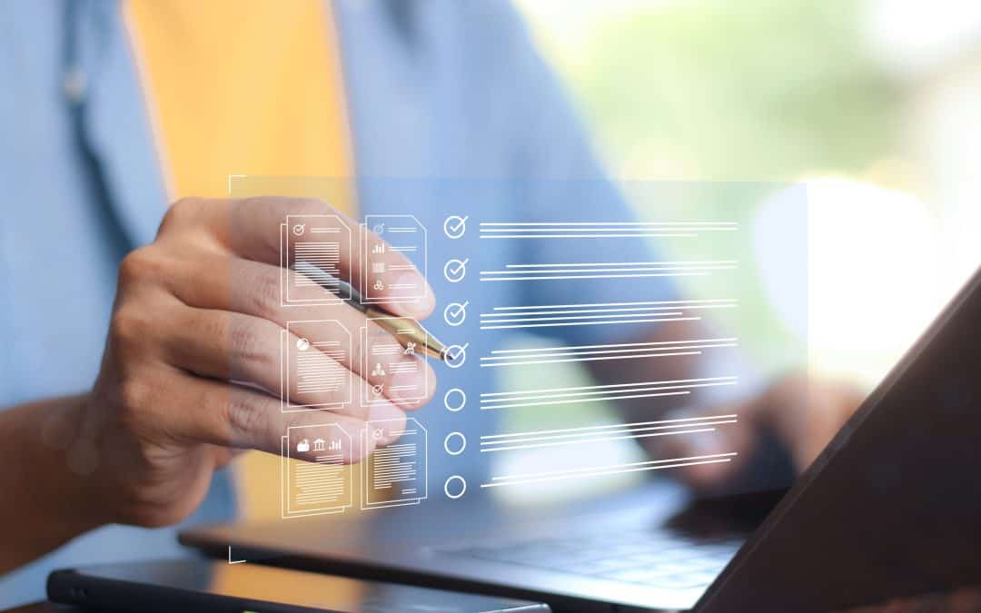 A person holding a pen fills out a digital checklist with items being checked off one by one, representing careful completion of Form ON00057 for X-ray registration.